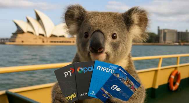 無尾熊手持澳洲四大城市交通卡(myki、Opal、MetroCARD、go card),背景為雪梨歌劇院與渡輪甲板