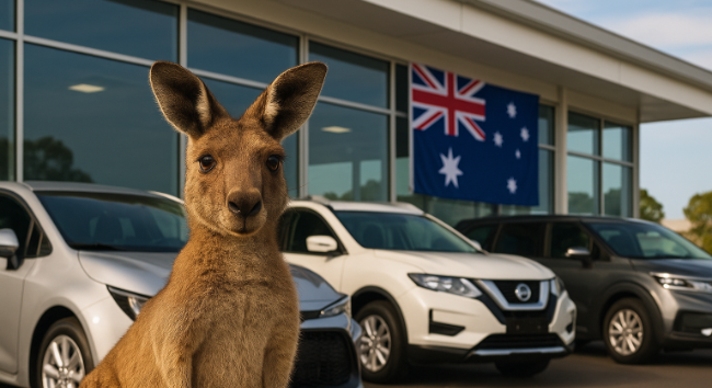 袋鼠站在澳洲汽車經銷商前,背景有汽車與澳洲國旗。