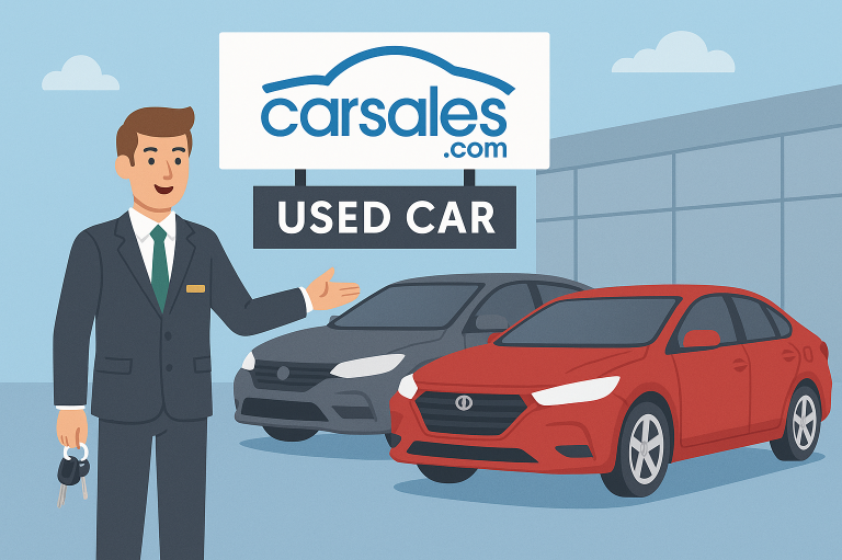 汽車銷售員站在carsales.com標誌旁,展示兩輛二手車。