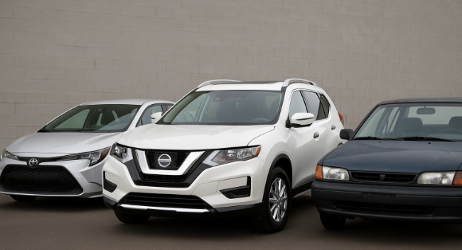 一輛銀色Toyota Corolla、一輛白色Nissan X-Trail與一輛老舊藍色轎車停放在一起。