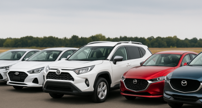 六輛汽車並排展示,包括Toyota Corolla、Hyundai i30、Toyota RAV4、Nissan X-Trail、Mazda 3與Mazda CX-5。
