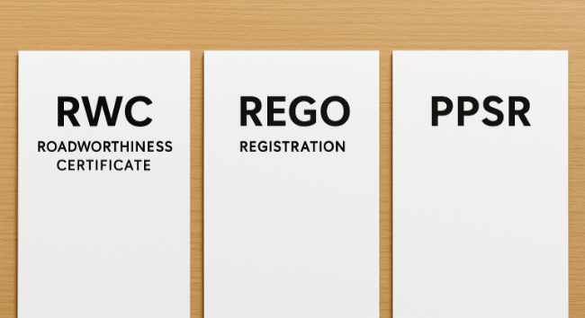 三份汽車相關文件放在木桌上,分別標題為RWC Roadworthiness Certificate、REGO Registration 和 PPSR。