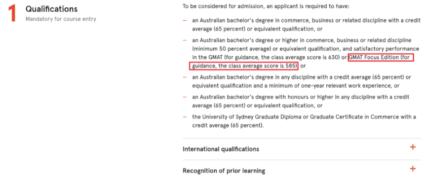 悉尼大学商学院Master of Commerce 的学术要求截图