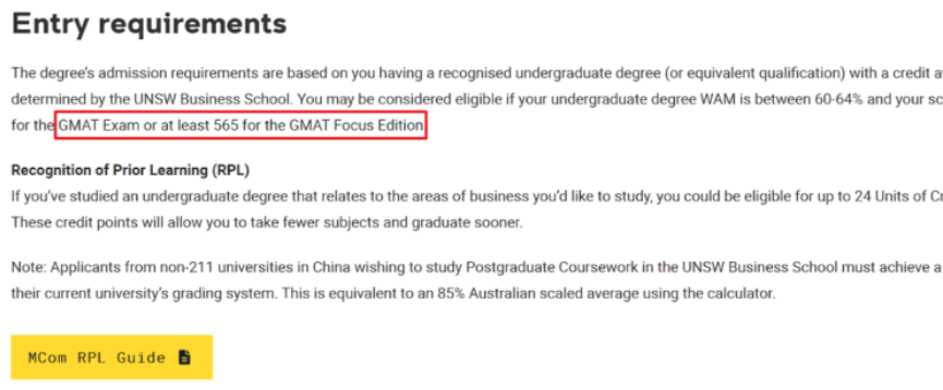 新南威尔士大学商学院Master of Commerce 的学术要求截图