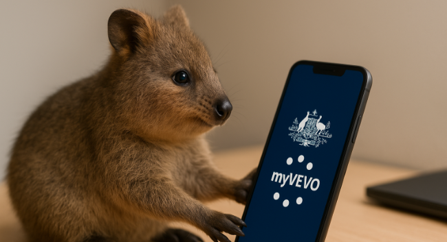 短尾矮袋鼠（Quokka）坐在桌前，手裡拿著手機查詢澳洲 myVEVO 簽證應用程式｜澳洲簽證查詢神器｜myVEVO 完整介紹與使用教學