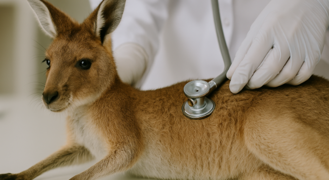 澳洲打工度假學生簽證體檢澳洲袋鼠戴著耳機 金髮醫生在幫袋鼠測量聽力