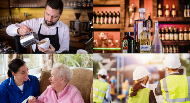 有一個護士在握著老奶奶的手 澳洲老年看護證照課程申請 兩個在工地的建築人員戴白色帽子和螢光色背心 酒牌證照以及咖啡師證照