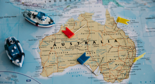 標記城市與區域的澳洲地圖，用於解釋189、190、491簽證的適用地區與州擔保範圍