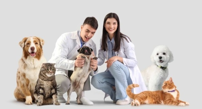 兩個獸醫與一群寵物合照