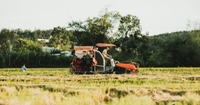 一輛務農用的車開在田裡